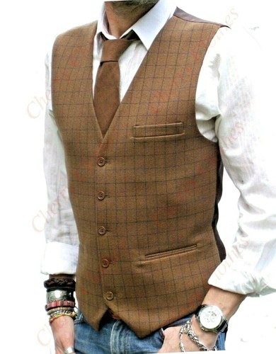 Mens camel brown check - check, wool