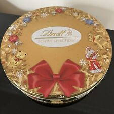 LINDT Christmas empty gold tin. 22cm diameter. Lindor. Santa. Reindeer. Bear.