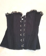 BLACK BURLESQUE CORSET TOP WITH LACE AND LARGE HOOK FRONT FASTENING UK 8 VGC 