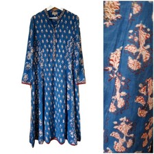 Vtg Cotton ANOKHI East Block Printed Indian Midi Dress boho hippy arty 10 12 s m