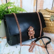 TED BAKER Crossbody Clutch Bag JEMMS Robot Lock Black Leather & Rose Gold GUC