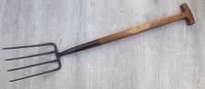 Vintage Garden Fork  border fork wood wooden T handle. Long Prongs.