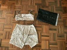 Set White Fox Ambition Crop top & False Alarm mini skirt grid glitter sequins XS