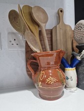 spanish hamd made  pottery terrocata jug pitcher untensil holder hand painted 