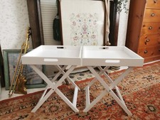 A Pair of White Butler Tray Tables With Folding Bases ~ Bedside Coffee Tables