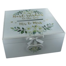 Wedding Cards Post Box Venue Decor Best Wishes Mr & Mrs Wooden White Floral 