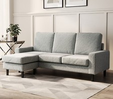 3 Seater Linen Corner Sofa, Reversible Chaise in Grey, Upholstered L Shape Couch
