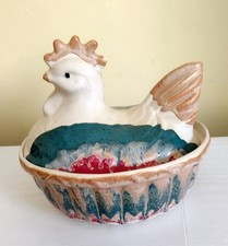Vintage Pottery Drip Glazed Hen Chicken Egg Holder Basket