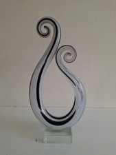 Murano Style Black & White Swirl & Curved Glass Sculpture 26cm Vintage Retro