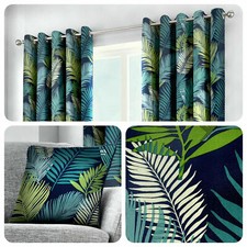 Fusion 100% Cotton Tropical Palm Leaf Print Lined Eyelet Curtains OR Cushions