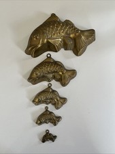 Vintage Brass Fish Shaped Mould Set Of 5 Wall Hangings 9.5inches To 1.75 Inches