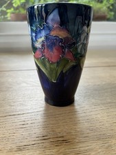Vintage Moorcroft Vase. Dark Blue. Orchid & Flowers. Good Vintage Condition.