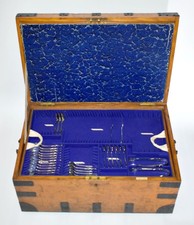 ANTIQUE MAPPIN & WEBB WOODEN METAL BOUND CUTLERY CHEST PART SILVER PLATE CANTEEN