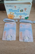Luggage Tags Set Of 2, Pu Leather With Strapsx2  Light Blue Impressionist Design