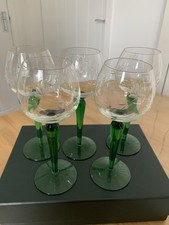 5 VINTAGE GREEN STEM HOCK WINE GLASSES ETCHED BOWL