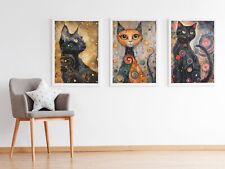 Gustav Klimt Set of 3 Cats Abstract Flowers Wall Art Poster Print Pictures