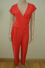 New Lipsy Red Ribbed V Neck Cropped Leg Belted Jumpsuit Sz UK 12 & 14