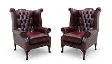 Chesterfield 2 x Queen Anne High Back Wing Chairs Real Leather Antique  Oxblood