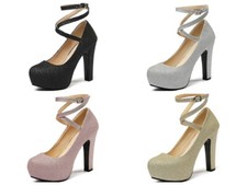 Ladies Ankle Strap Shoes Bling Glitter High Block Heels Party Pumps UK Size New