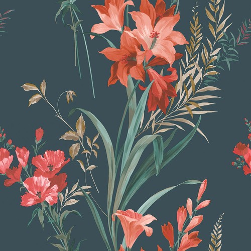 Teal red floral wallpaper roll - floral,