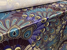 Printed Stretch Satin Fabric, Per Metre - Peacock Feathers Print - Turquoise