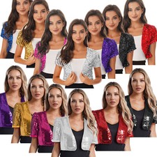 Womens Glitter Sequins Jackets Open Front Cardigan Glitter Carnival Shrug Bolero