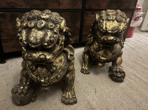 Bronze dusted stone foo dogs - stone,