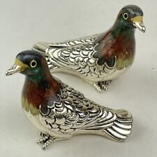 Pair Of Vintage Solid Silver Mark Houghton Enamel Homing Pigeons Figures 6cm