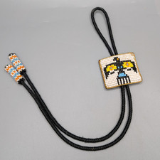 Native American Iroquis Bolo Tie Thunderbird Beadwork On Leather Braided Cord
