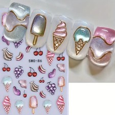 Nail Art Stickers Decals 5D Ice Cream Fruit Glossy Summer Treats Cute Design
