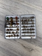 Vintage fly fishing flies lot in metal holding case Some Wood Ones