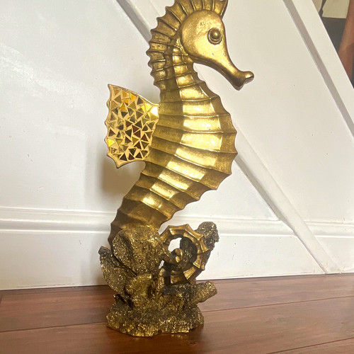 Large gold seahorse statue - gold,