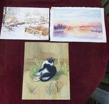 3 Original Paintings Black & White Cat Snow Covered Countryside Winter Landscape