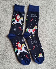 Men's Christmas Themed Socks Black Santa And Unicorns UK 6-10 Brand New