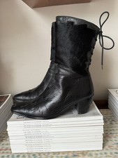 Black Boots 38 Leather Western Lace Heeled Ankle Calf Cowboy lace up mid heel