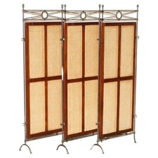 VINTAGE WROUGHT IRON, BERGERE & MAHOGANY TRIPLE PANEL ROOM DIVIDER 166CM X 197CM