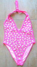 LADIES BOOHOO BNWOT SIZE 12 NEON PINK & SHINY STONES ONE PIECE HALTER SWIMSUIT