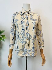 Vintage 70s Cream Navy Blue Leaf Print Dagger Collar Shirt 8