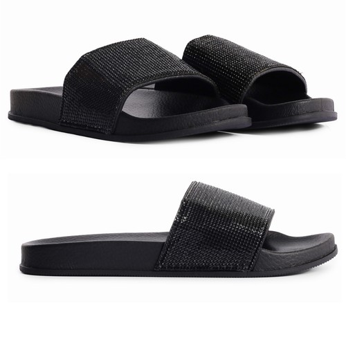 Ladies flat black diamante - flat,