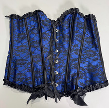 Women Corset Top Sz Medium Blue Black Floral Print Hook Front Ribbon Boned Lace