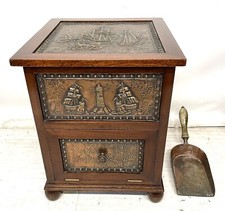 Antique ARTS & CRAFT Mahogany Copper Coal Box Podium Tea Bin THERMOPYLAE Ship ?