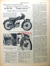 H.M.W. 'Supersport' 50cc 2-Stroke Motor Cycle - 1957 Magazine Report Cutting