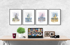 Disney Castles Watercolour Set Of 4 Prints Pictures Wall Art Poster