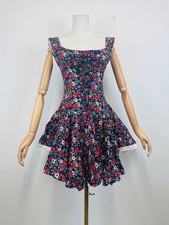 Vintage 80s Black Purple Red Floral Lace Trim Lace Up Ra-Ra Mini Dress 8 10