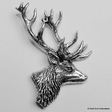Stag Head Profile Pewter Pin Brooch - British Artisan Signed Badge- Deer Hunting