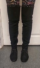 Black Faux Suede Thigh High OTK Flat Womens Boots Size 6 Stud Detail Zip Up