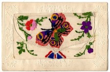 World War 1 Silk Postcard - Butterfly,  Allies' Colours, Flowers.