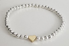 Silver Plated Bead Bracelet with Gold Heart Charm  - 5 Sizes - Stretch / Stack
