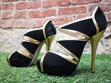 Ladies Koi Couture ~ Black Suede & Gold Open Toe Stiletto High Heel Shoes ~ UK 5