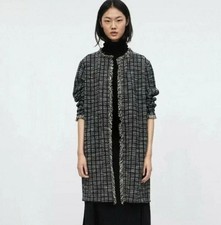 ZARA Jacket Coat Tweed Blazer S 10 Black White Tassel Autumn Long Check Plaid